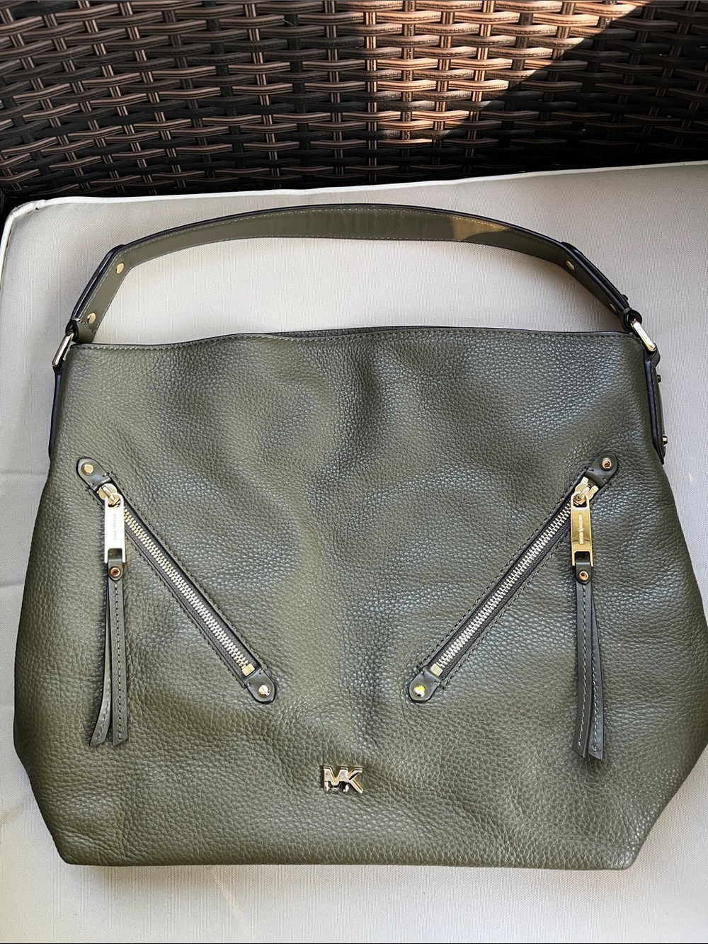 Michael Kors Olive Green Pebbled Leather Hobo Bag with Gold Hardware